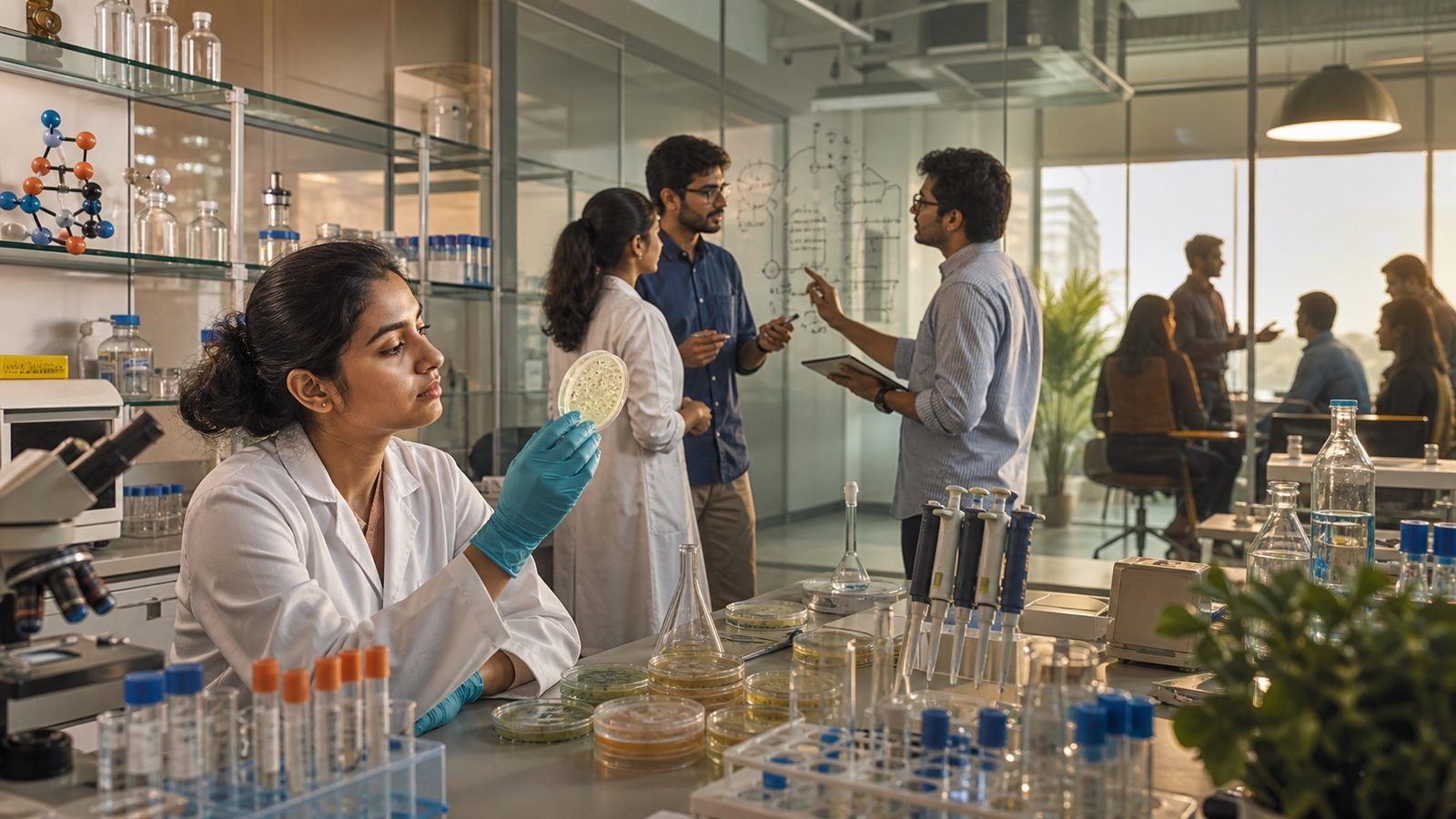 Indian biotechnology researchers and startup colleagues working together in a modern laboratory
