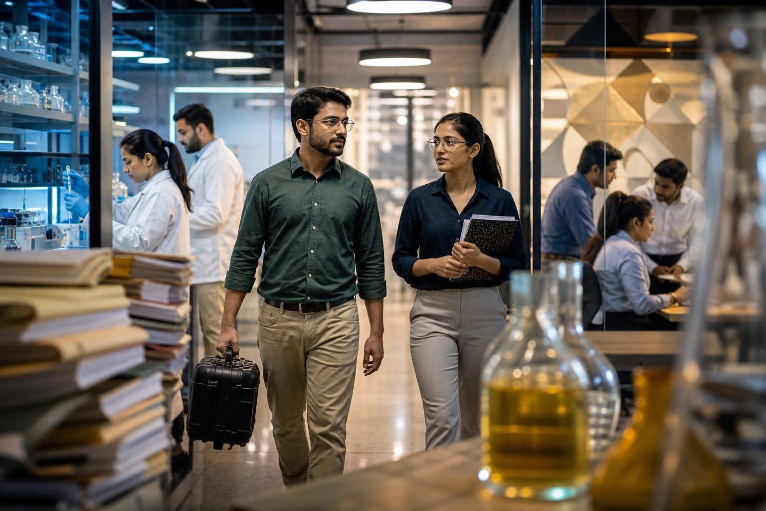 Two Indian scientist-founders walking through a biotechnology incubator that combines laboratory research and startup collaboration