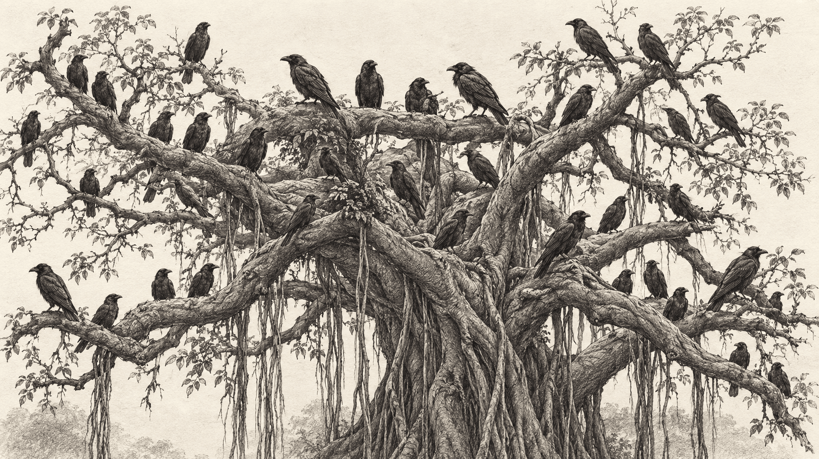 Detailed pen-and-ink illustration of many crows perched throughout the spreading branches and hanging roots of an old banyan tree