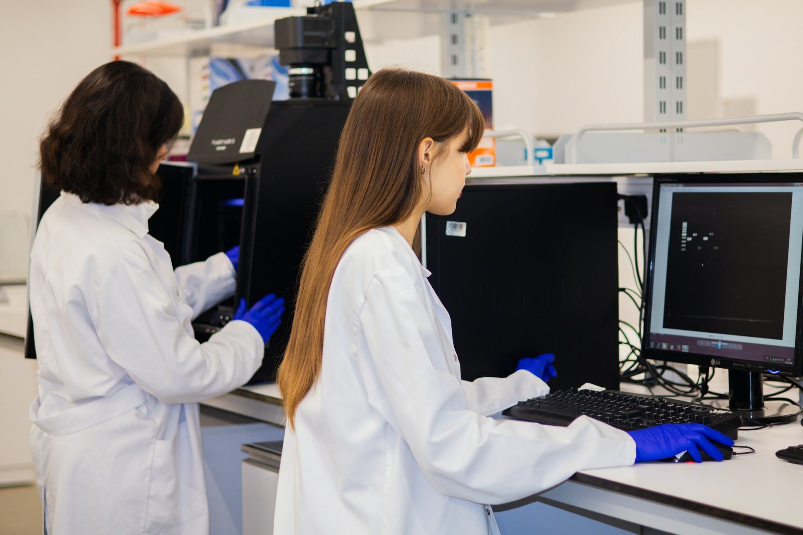 Two laboratory scientists analysing experimental results on a computer