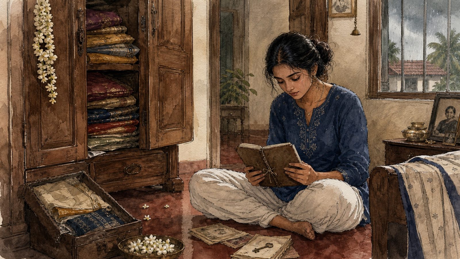 Hand-drawn illustration of Sneha reading her grandmother's diary beside an old teak cupboard